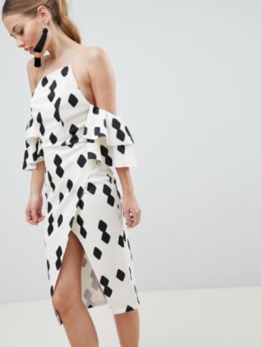 ASOS DESIGN Extreme Bandeau Frill Sleeve Wrap Front Midi Dress | US Size 2